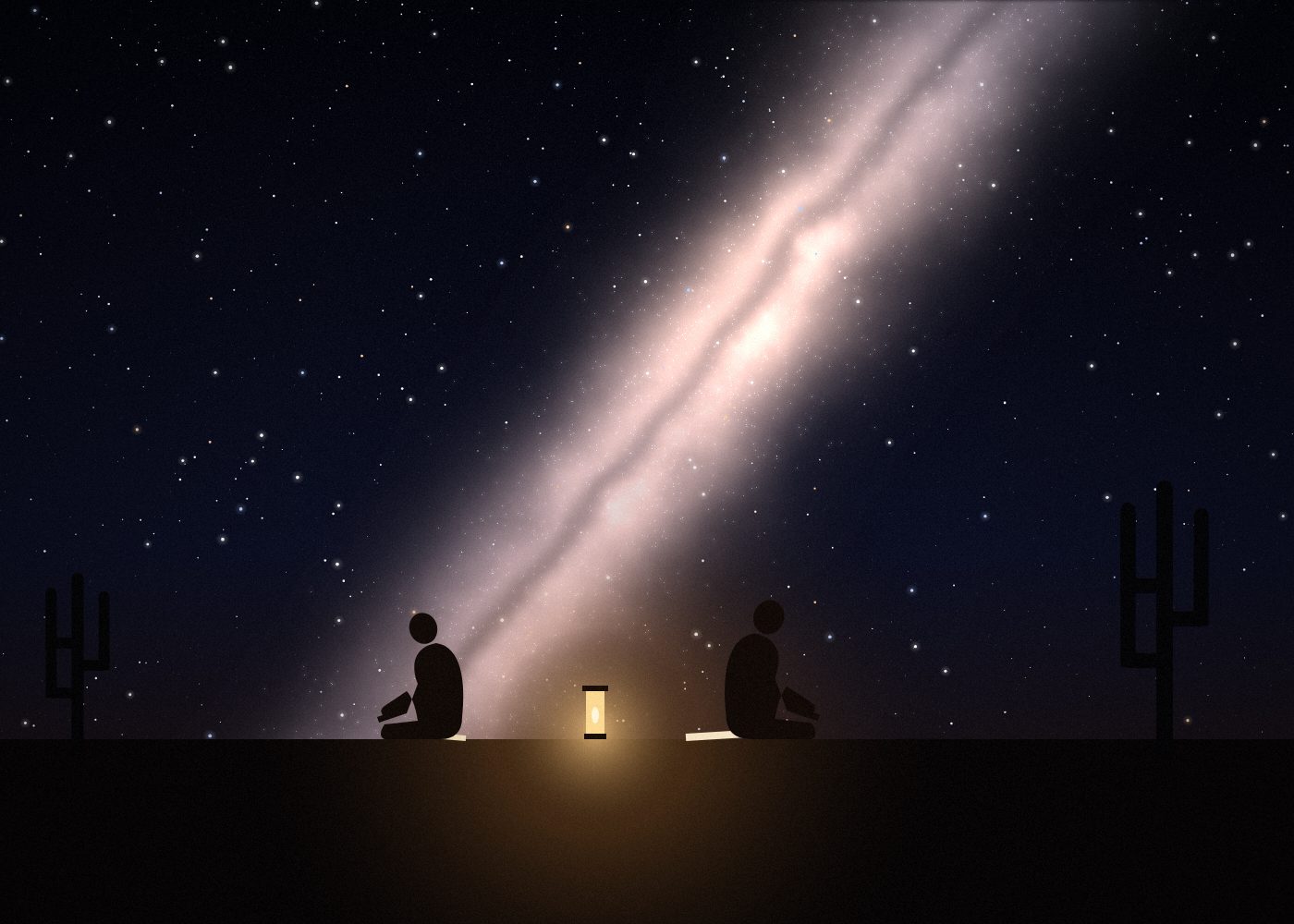 Guests writing letters by lantern light under the stars