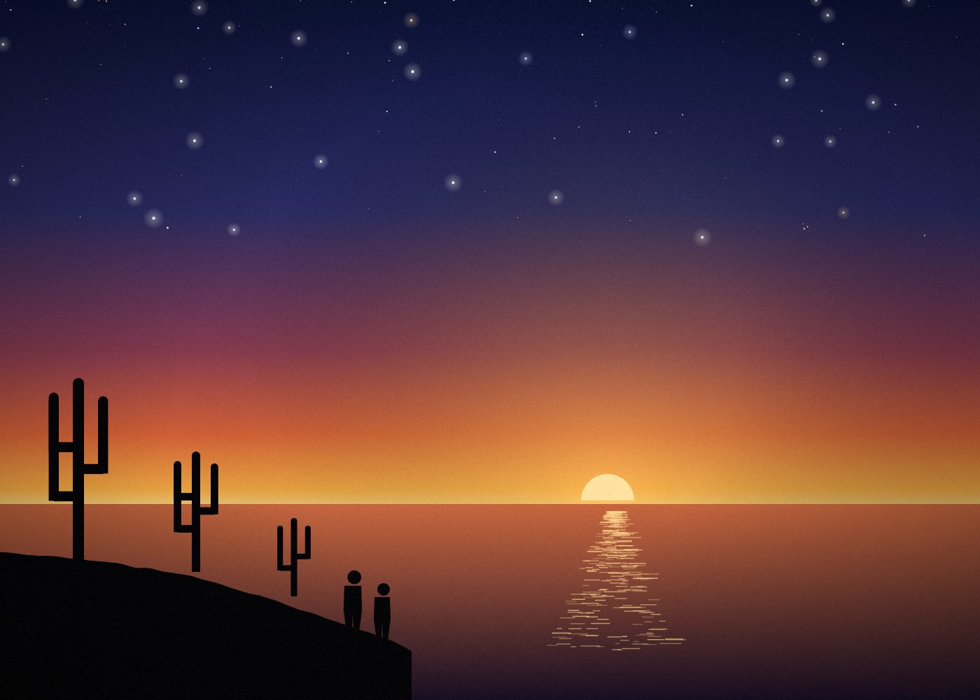 Sunset over the sea with kadushi cacti on the coast